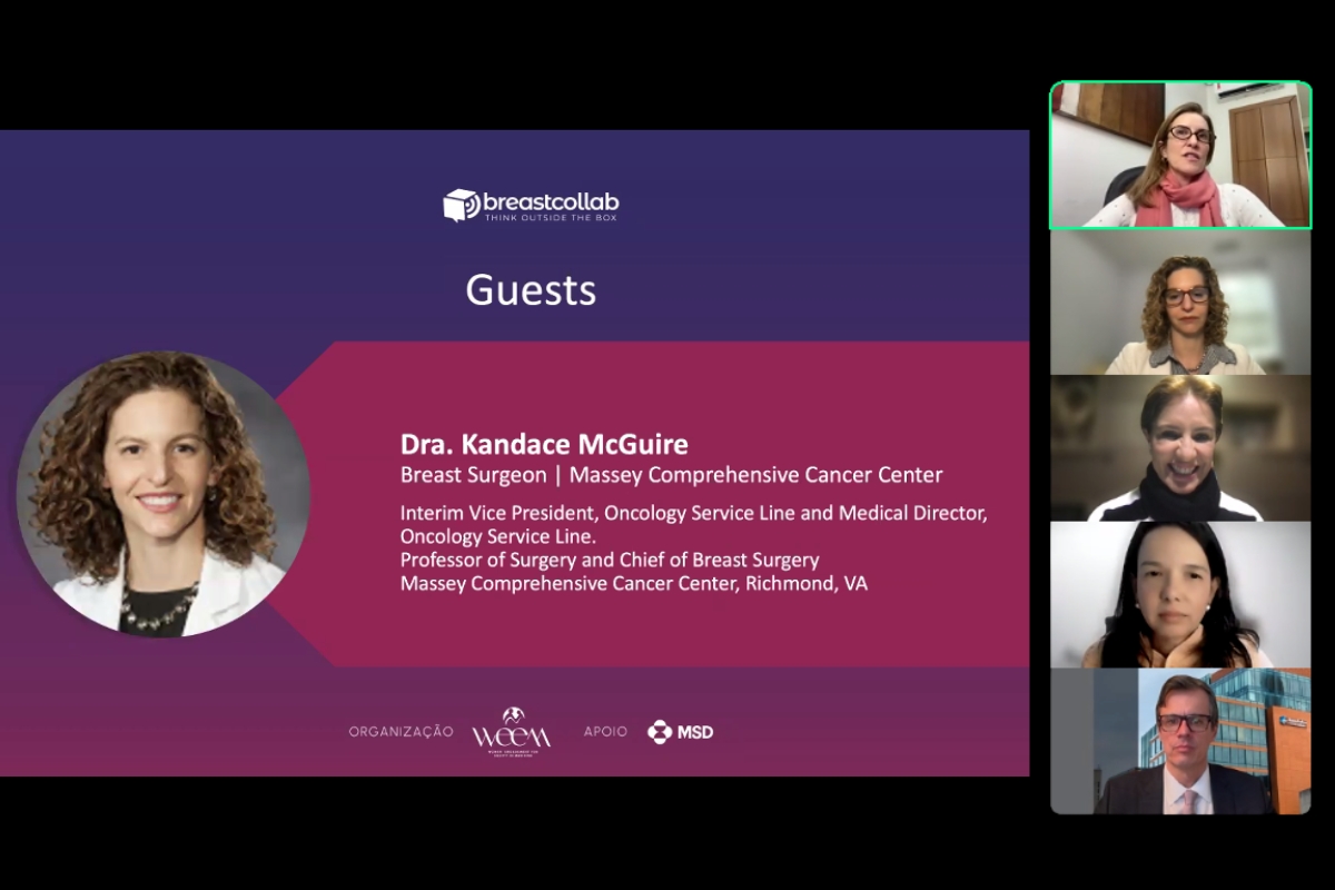 Captura de tela de slide de webinar intitulado “Guests” com foto de Dra. Kandace McGuire, cirurgiã de mama e diretora no Massey Comprehensive Cancer Center; à direita, cinco participantes em chamada de vídeo; rodapé com logos da WCEM e da MSD.
