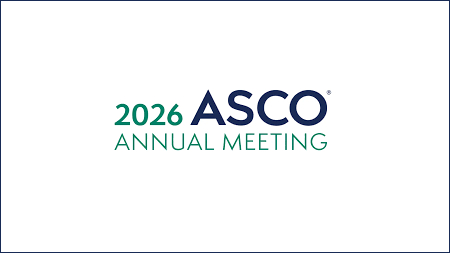 Banner minimalista em fundo branco. Texto central em azul e verde: “ASCO Annual Meeting dois mil e vinte e seis”.