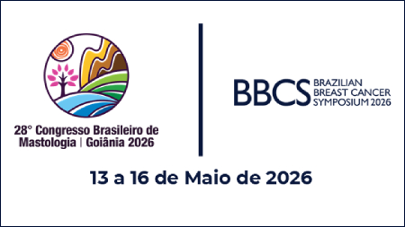 Banner gráfico com logotipo circular colorido à esquerda e texto à direita. Texto: “Vigésimo oitavo Congresso Brasileiro de Mastologia”, Goiânia, dois mil e vinte e seis. “BBCS Brazilian Breast Cancer Symposium dois mil e vinte e seis”. Abaixo: “treze a dezesseis de maio de dois mil e vinte e seis”.
