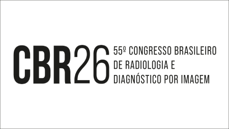 Banner minimalista em fundo branco. Texto em destaque: “CBR vinte e seis”. Ao lado: “quinquagésimo quinto Congresso Brasileiro de Radiologia e Diagnóstico por Imagem”. Abaixo, pequeno selo com “cbr vinte e seis”.