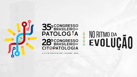 Banner com fundo claro e ilustrações coloridas à esquerda. Texto: “Trigésimo quinto Congresso Brasileiro de Patologia” e “Vigésimo oitavo Congresso Brasileiro de Citopatologia”. À direita, a frase “No ritmo da evolução”. Abaixo: “doze a quinze de agosto de dois mil e vinte e seis, Salvador, Bahia”.