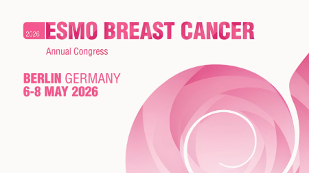 Banner gráfico em tons de rosa com formas circulares abstratas. Texto: “ESMO Breast Cancer Annual Congress”, Berlim, Alemanha, de seis a oito de maio de dois mil e vinte e seis.