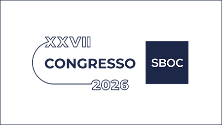 Banner minimalista em fundo branco. Texto central: “Vigésimo sétimo Congresso dois mil e vinte e seis”. À direita, um quadrado azul-escuro com a sigla “SBOC”.
