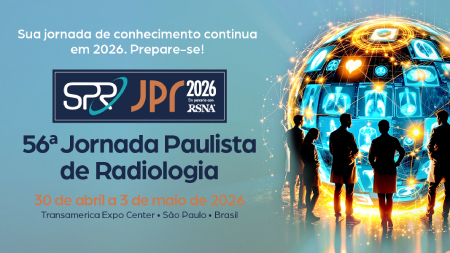 Banner com fundo azul e globo tecnológico luminoso à direita, diante de silhuetas humanas. Texto: “Sua jornada de conhecimento continua em dois mil e vinte e seis. Prepare-se!”. Logotipo “SPR JPR dois mil e vinte e seis”. Título: “Quinquagésima sexta Jornada Paulista de Radiologia”. Datas: “trinta de abril a três de maio de dois mil e vinte e seis”. Local: “Transamerica Expo Center, São Paulo, Brasil”.